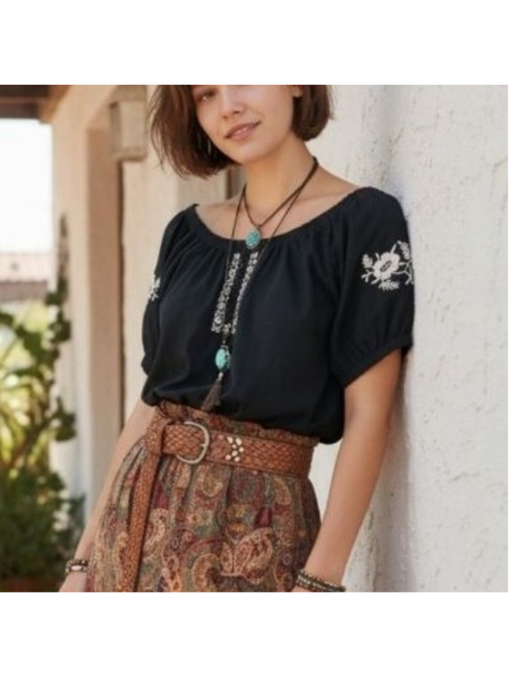 Gloria Vanderbilt Peasant Boho Puff Sleeve Blouse Black White Embroidery M